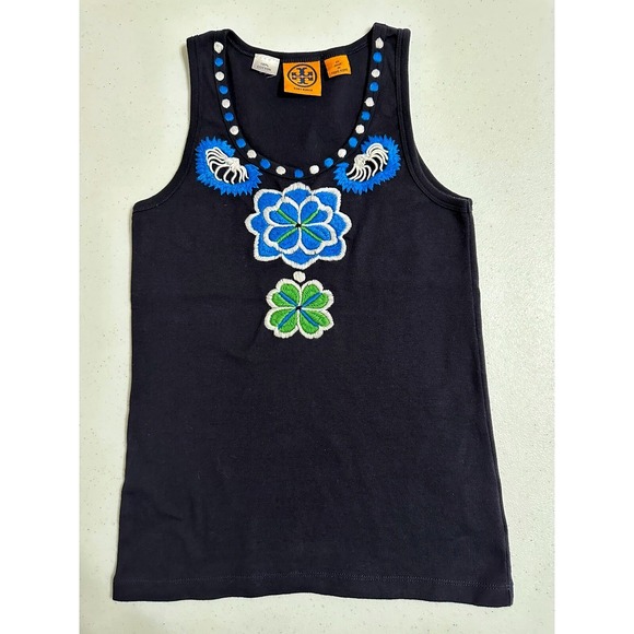 Tory Burch Navy Blue Tank Top Blue Green Floral Embroidered Sleeveless Cotton XS - Picture 1 of 7